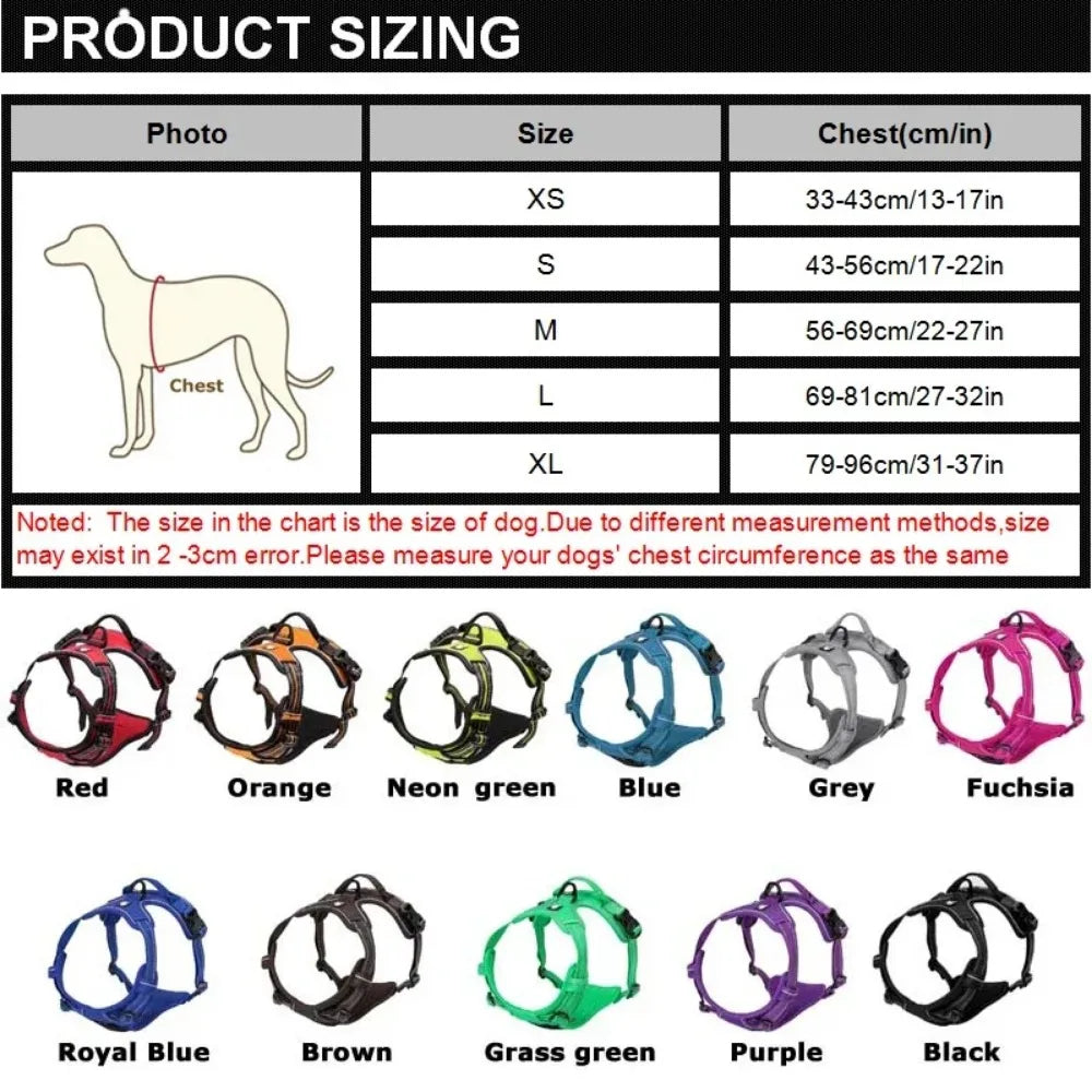 alt="Tableau des tailles du harnais réfléchissant pour chien de la taille XS à XL selon le tour de poitrail"