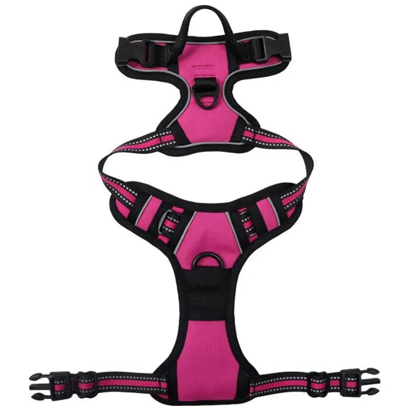 alt="Harnais pour chien rose foncé avec bandes réfléchissantes et design sportif ajustable"