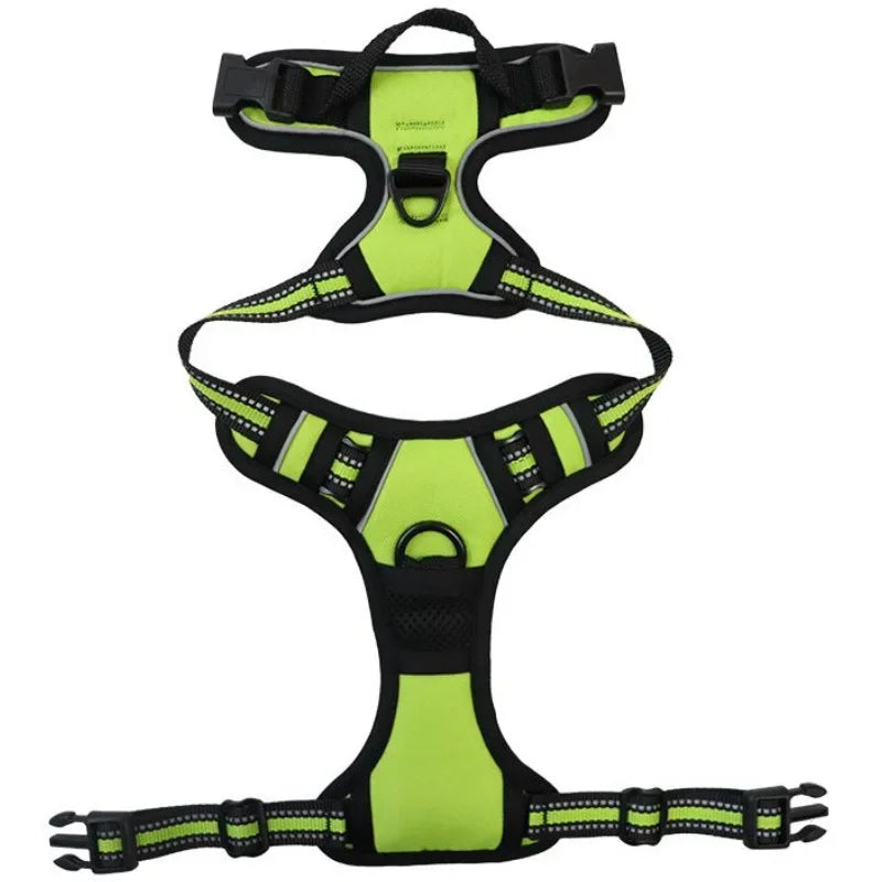 alt="Harnais vert fluo pour chien avec bandes réfléchissantes pour visibilité maximale la nuit"