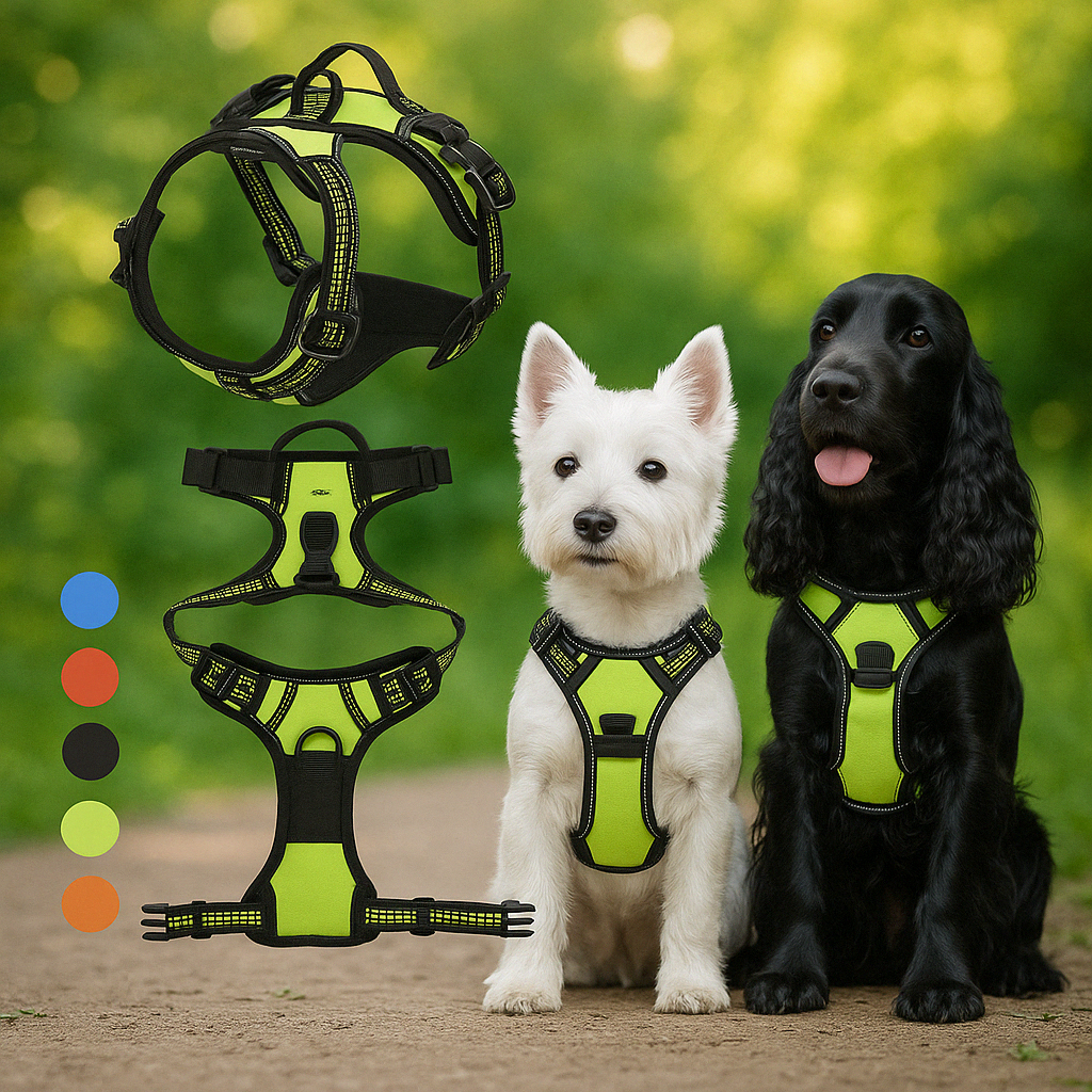 alt="Deux chiens portant un harnais réfléchissant multicolore pour promenade en toute sécurité de jour comme de nuit"