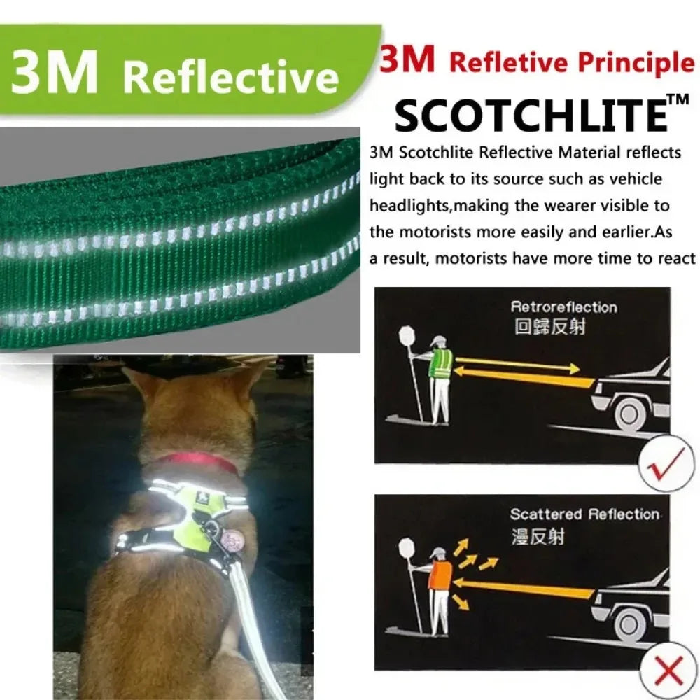 alt="Détail sur la technologie 3M réfléchissante du harnais pour chien assurant une haute visibilité la nuit