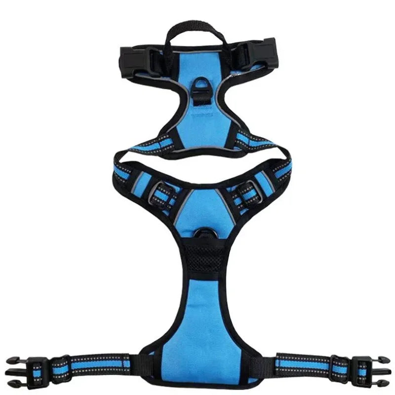 alt="Harnais bleu foncé pour chien, robuste et réfléchissant, parfait pour activités extérieures"


